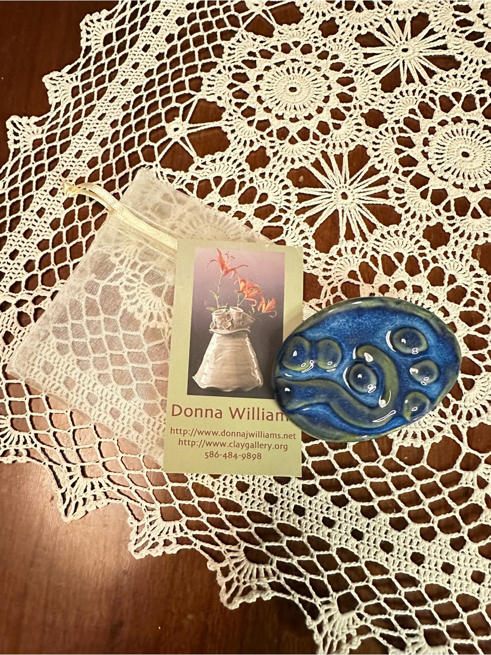 Donna Williams Ceramic Brooch Green Blue Abstract Oval